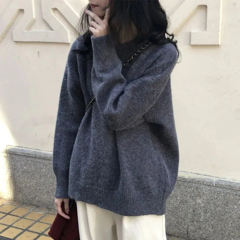 Territory Korean Solid Loose Pullover Sweater Autumn Winter Thick Warm O Neck Casual Knit Sweater Harajuku Preppy All Match Jumpers