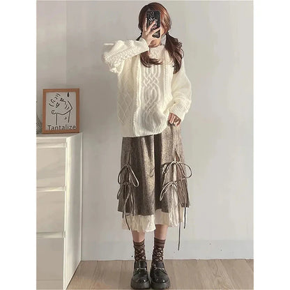 Territory Harajuku Vintage Irregular Skirt Women Y2k Ruffle Patchwork Pleated Skirt Fashion Bow Kawaii Holiday Lazy Wind Midi Skirt