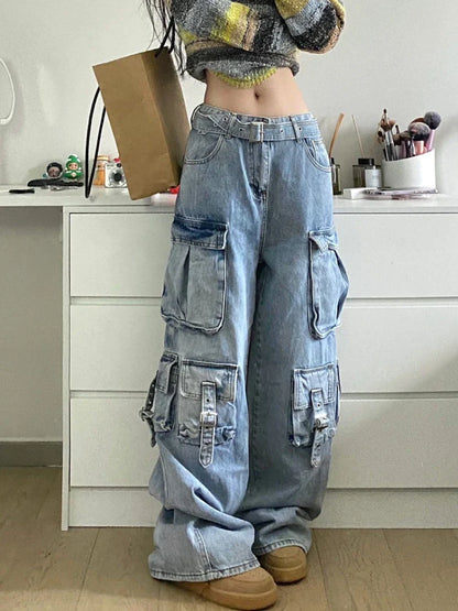 Territory Autumn Winter New Ladies Cargo Jeans American Street Style Baggy Cargo Pants Women Blue Multi-pocket Wide Leg Jeans for Women