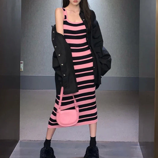 Territory 2024 Spring New Streetwear Contrast Striped Sexy Knitted Sling Dress Women + Loose Casual Long-sleeved Shirt Two-piece Suit