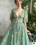 Territory  Green Embroidery Lace Prom Dresses Puff Sleeves A-Line Long Wedding Party Gowns Open Back Tulle Evening Dress