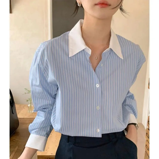 Territory  Basic Striped Women's Shirt Long Sleeve Loose Button Blouse Korean Fashion Old Money Style Casual Office Lady Spring