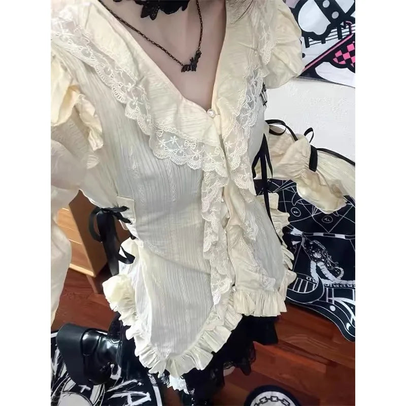 Territory Gothic Coquette Y2k Shirt Women Irregular Aesthetic Blouses Vintage V Neck Grunge Japanese Harajuku Fashion Lolita