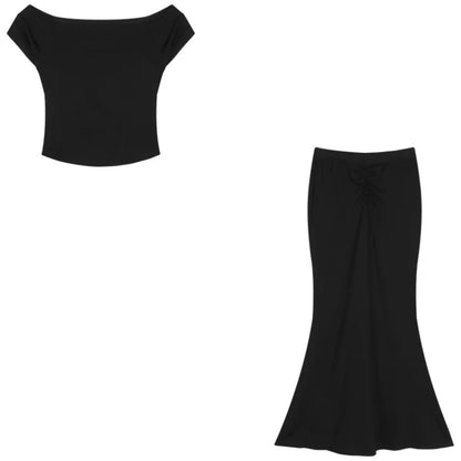 Territory 2024 Summer New Streetwear Off-shoulder Sexy Slim Short-sleeved T-shirt Women + High Waist Black Mid-length Skirt Two-piece Suit