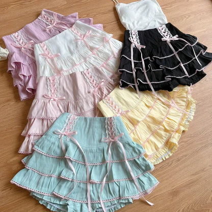 Territory 2024 Japanese Kawaii Lolita Style Pleated Skirts Women High Waist Pink Bandage Fairy Y2k Aesthetic Skirt Cute Faldas Mujer Moda