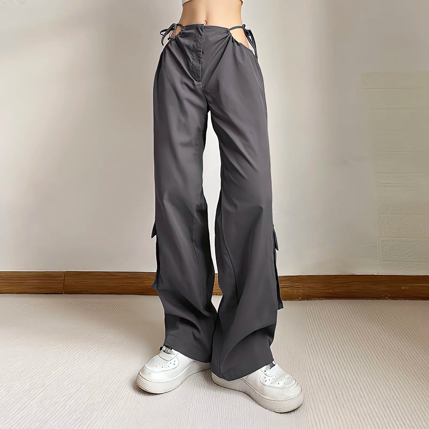 Territory Grey Cargo Pants Woman American Style Summer Drawstring The Pocket Casual Trousers Design Sense Streetwear Wide Leg Sweatpants