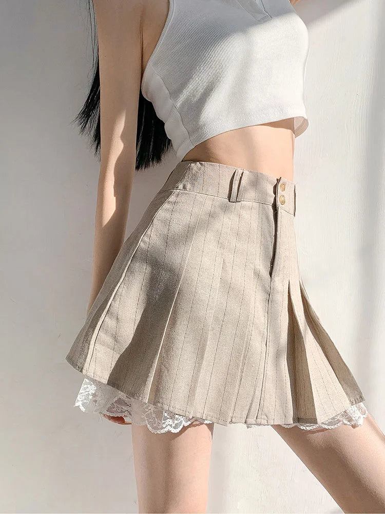 Territory Korean Fashion Khaki Pleated Skirt Lace Trim Women Preppy Style Button Up High Waist Cute Sexy Summer Kawaii Mini Skirt