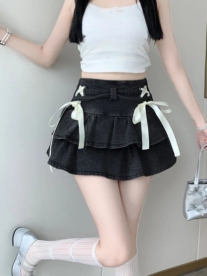 Territory American Gyaru Denim Skirts Bandage Ruffles Patchwork High Waist Summer Skirt Female Slim Y2k Harajuku Vintage Women's Clothing