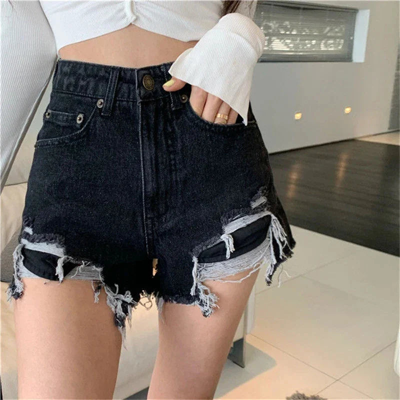 Territory Hole Denim Shorts Women Y2K Frayed Tassel Jean Shorts Summer Streetwear Korean High Waist Slit Slim Casual Hot Pants New