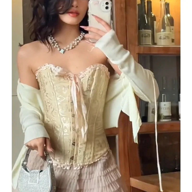 Territory Korean Retro Lace-up Sexy Slim Fishbone Camisole Women 2024 Spring New High Street Off-shoulder Pleated Casual Crop Tops