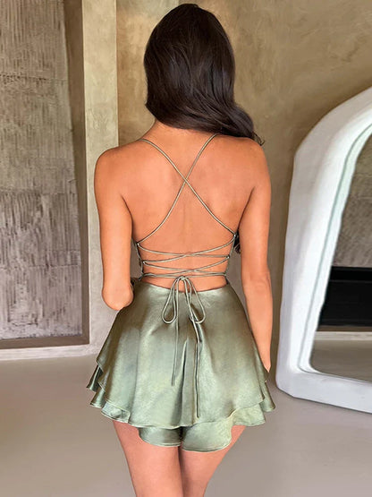 Territory Satin Solid Cami Playsuits Short Jumpsuits Cross Tie-Up Backless Romper Clubwear Dress Bandage Wide Leg Short Romper Ruffles