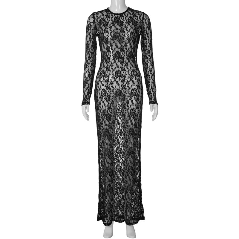 Territory Black Floral Lace See Through Maxi Dress Elegant Sexy Women Photoshoot Long Sleeve White Party Dresses Y2K Hollow Out