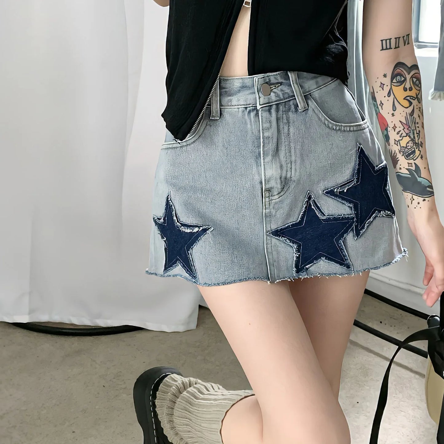 Territory New Embroidery Jean Short Skirt Summer Japanese Y2k With Belt Vintage Fashion Denim Irregular Stitching Star A-Line Skirts