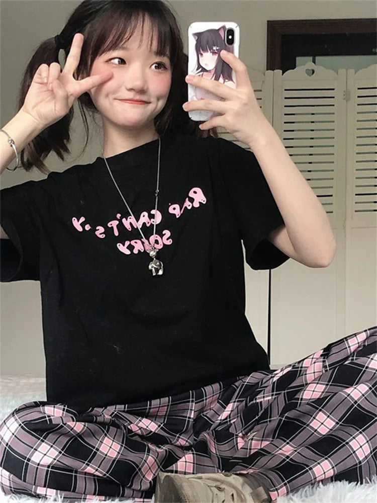 Territory Harajuku Pink Plaid Pants Women Japanese Y2K Cute Checked Trousers Oversized Korean Fashion Basic Wide Leg Sweatpants