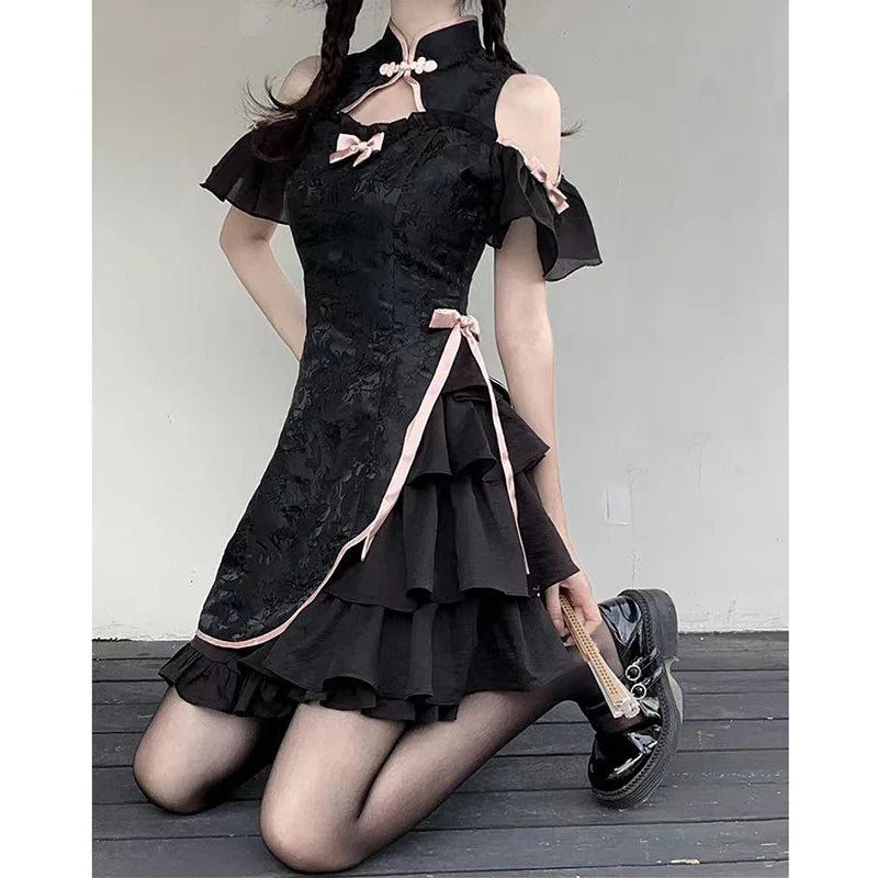 Territory Hot Girl Lace Kwawaii Women Dress Vintage Cheongsam Sweet Slim Lolita Gothic Girls Fashion Harajuku Sexy Aesthetic Female Dress