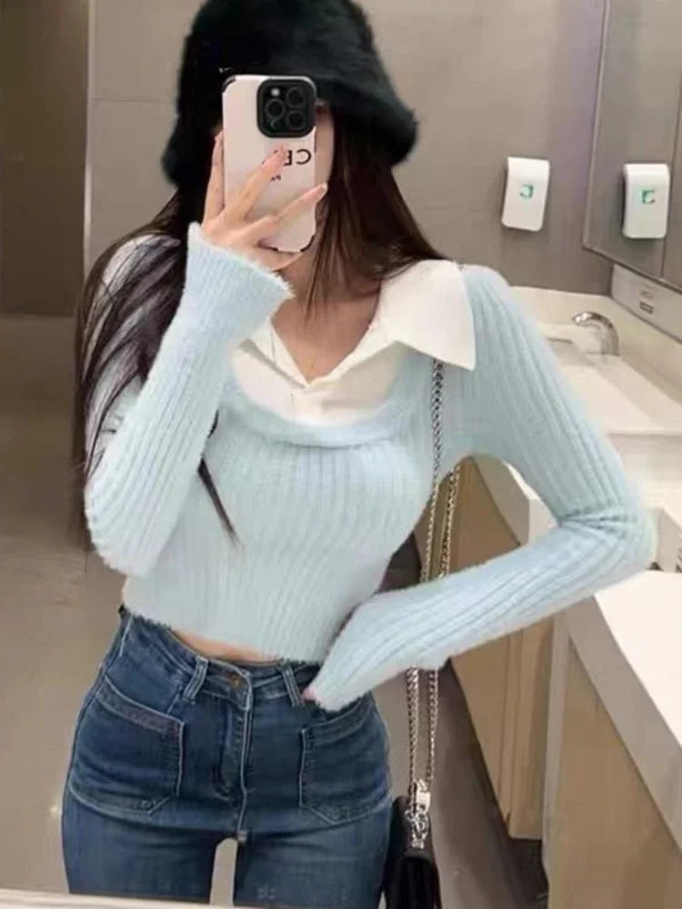 Territory Fashion Fake Two Pieces Turn Down Collar Women's Crop Top Slim Sweet Y2k Bottoming Sweaters Patchwork Casual Pullovers Japanese