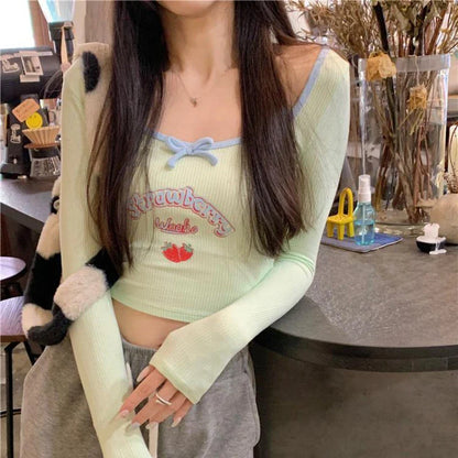 Territory Coquette Egirl Letter Pink Crop T-shirts Women Y2k Kawaii Cute Long Sleeve Tees Korean Fashion Sweet Slim Corset Tops