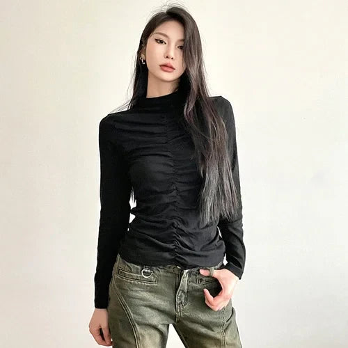 Territory Black Half High Neck Y2k Tops Long Sleeve Base Shirt for Women Autumn Winter Pleats Design Slimming Harajuku T-shirt