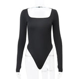 Territory Black Backless Bodysuits Women Square Neck Long Sleeve Thong Open Back Bodysuit Sexy Tops Fall Winter Outfits