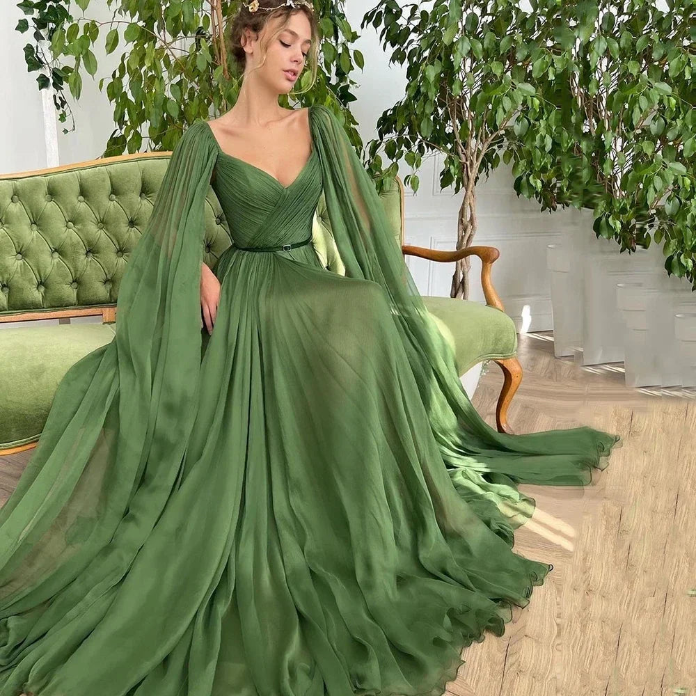 Territory Elegant Green Chiffon Deep V-Neck Dubai Arab Evening Dress A-line Shawl Sleeves Formal Occasion Prom Dresses 2024 For Women