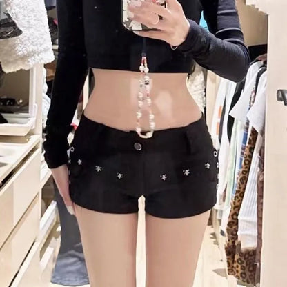 Territory Retro Sexy Low Waisted Hot Pants 2024 Summer New Belt Straight Denim Shorts Y2k E-Girl Slim Fit Rivets Black Ropa Mujer