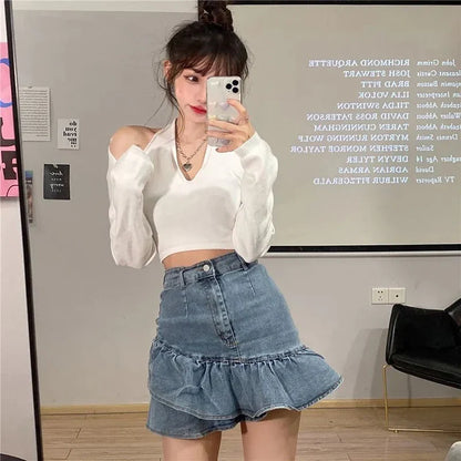 Territory  Vintage Ruffles Denim Mini Skirt Women Y2K 2000S High Waist Jeans Hip Wrap Skirts Streetwear Korean Cute Slim A Line Skirt