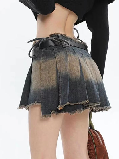 Territory Denim Y2k Skirt Women Vintage Low Rise Irregular Distressed Japanese Streetwear Sexy Pleated Mini Skirt Summer Fashion