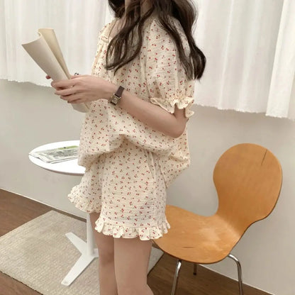 Territory Floral Print Summer Pajamas Set Women Shirts Tops + Shorts Set Two Piece Ruffles Sweet Home Suit Home Clothes Korean