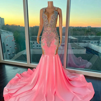 Territory Pink Luxury Women Long Black Girls Prom Dresses Sparkly Mermaid Style Beaded Crystals Prom Party Gowns