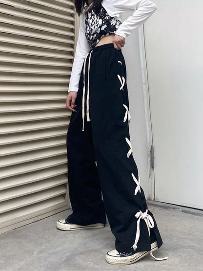 Territory Harajuku High Waist Women Bandage Wide Leg Pant Korean Loose Streetwear Trousers Fashion Hip Hop Student Casual Pants New