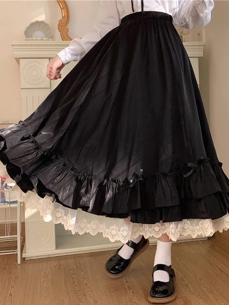 Territory Black Long Skirts Women Japanese Kawaii Preppy Style Lolita Skirt Female French Vintage Double Layer Lace Ruffled Pleated Skirts