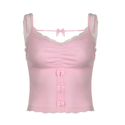 Territory Pink Y2k Coquette Tank Top Lace Camisole Summer 2024 Women Clothes Bow Backless Crop Tops Kawaii Girls