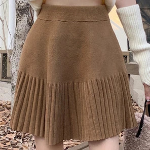 Territory Autumn Sweet Knitted Skirt Women Casual Pleated Kawaii Sweater Mini Skirt Female Solid Korean Fashion Princess Retro Skirt