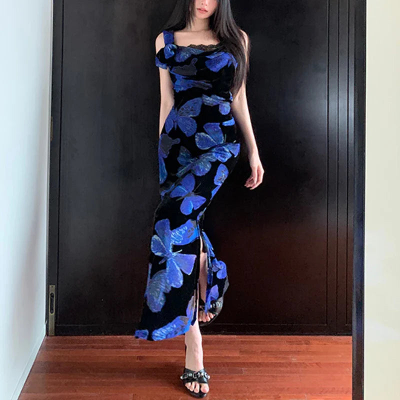 Territory Korean Contrast Color Butterfly Print Casual Sling Dress Women 2024 Summer New Off-shoulder Sexy Split Elegant Mid-length Dress