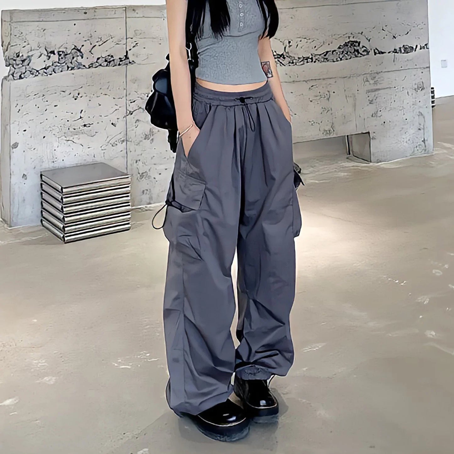 Territory Drawstring Baggy Grey Cargo Pants Women High Waist Black Pants Streetwear Boyfriend Jogging Casual Straight Wide Leg Trousers