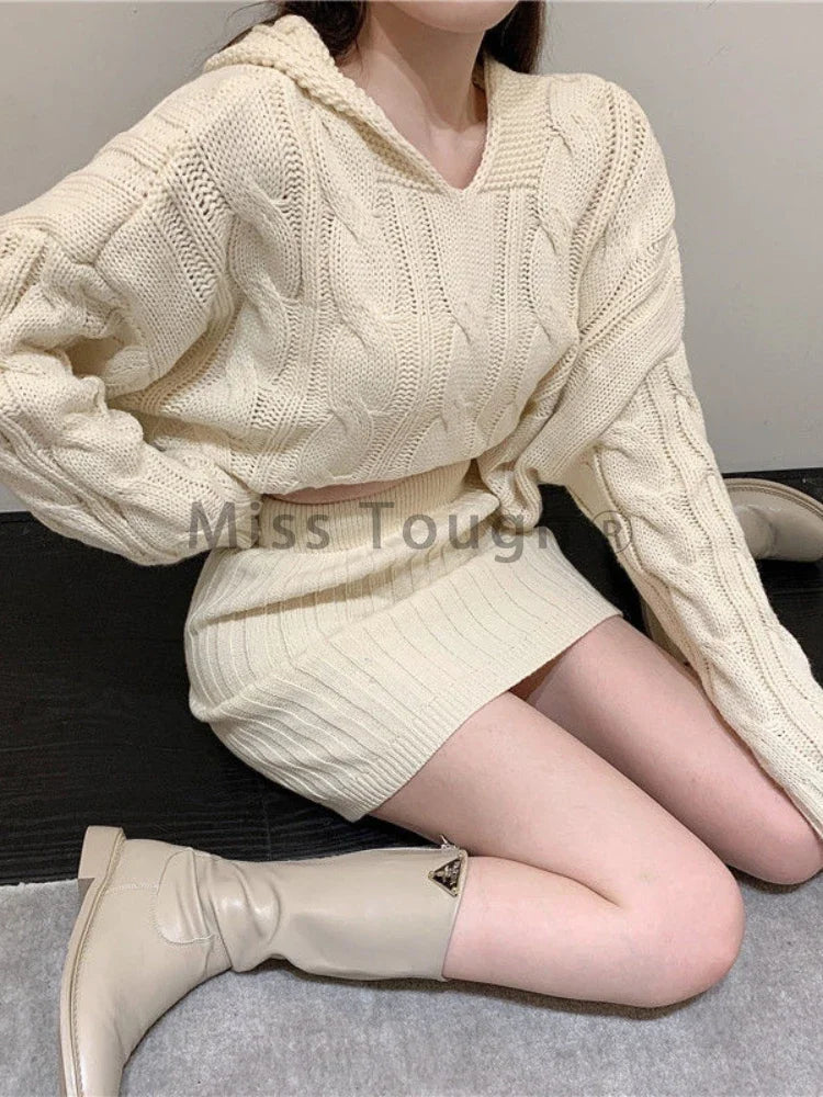 Territory Beige Sweater Two Piece Set Women Korean Elegant Party Mini Skirt Set Female Casual Designer Knitted Skirt Suit Autumn New