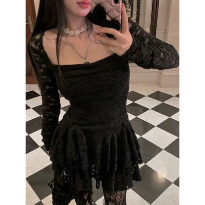 Territory Harajuku Gothic Black Lace Dress Women Vintage Y2k Sexy Purple Mini Dress Bodycon Elegant Party Dresses Korean Aesthetic