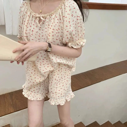 Territory Floral Print Summer Pajamas Set Women Shirts Tops + Shorts Set Two Piece Ruffles Sweet Home Suit Home Clothes Korean