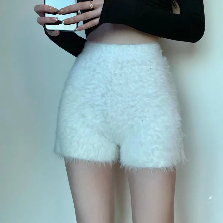 Territory Black Furry Knitted Casual Shorts for Women Autumn Winter Waterproof Mink Short Femme Y2k E-Girl Thicked Warm Bottoming