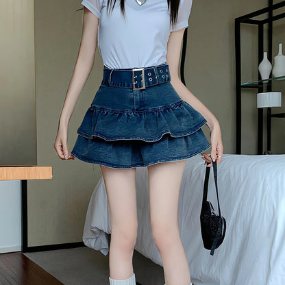 Territory Hotsweet Pleated Skirts Chic Summer With Belt Vintage High Waist Fashion Denim Women Vintage Ruffles A-Line Y2k Mini Skirt