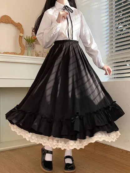 Territory Black Long Skirts Women Japanese Kawaii Preppy Style Lolita Skirt Female French Vintage Double Layer Lace Ruffled Pleated Skirts