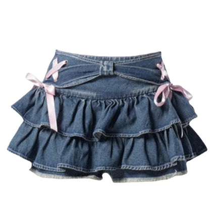 Territory  Japanese Y2k Denim Skirt Mini Women Kawaii Elastic Waist A-line Patchwork Cute Sexy Ruffles Jeans Skirt Shorts Summer