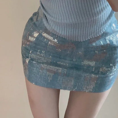 Territory 2024 Spring New High Street Fashion Sequin Denim Mini Skirt Women + Solid Color Sexy Slim Knitted Camisole Two-piece Suit