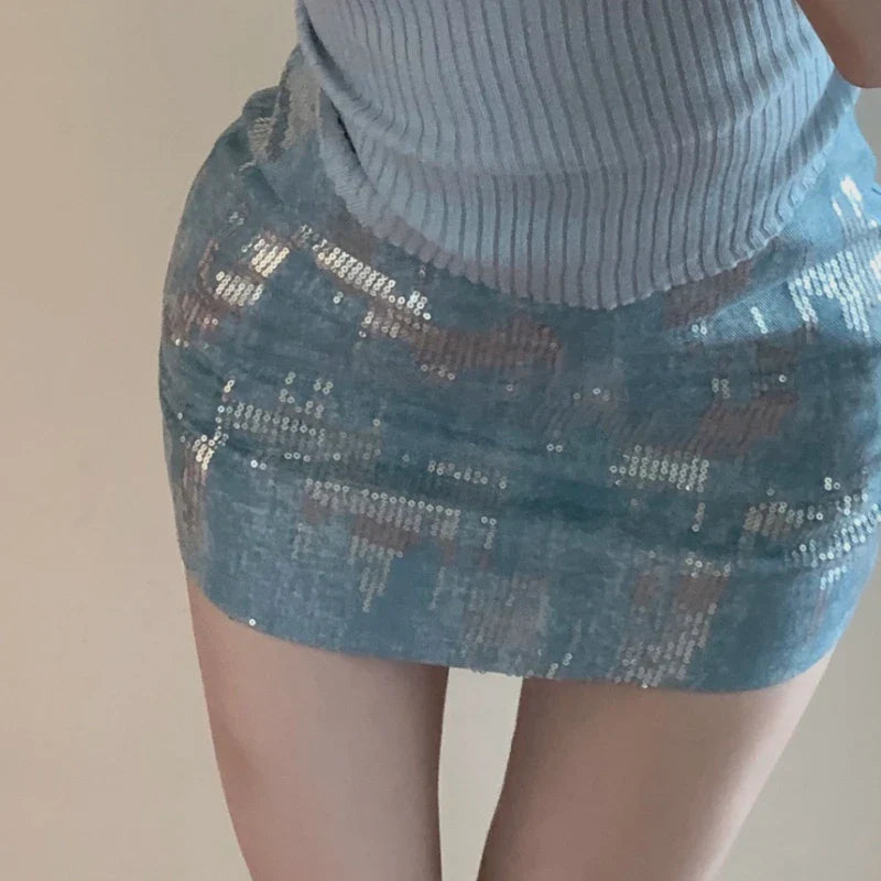 Territory 2024 Spring New High Street Fashion Sequin Denim Mini Skirt Women + Solid Color Sexy Slim Knitted Camisole Two-piece Suit