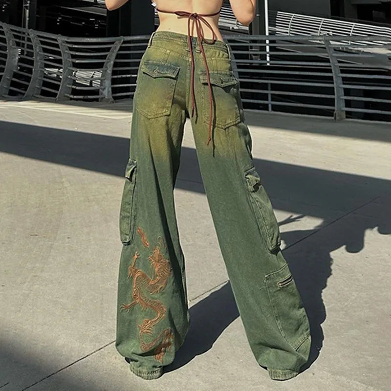 Territory Grunge Fairycore Cargo Pants Denim Y2K Aesthetic Chic Dragon Embroidery Women Jeans Baggy Distressed Chic Trousers