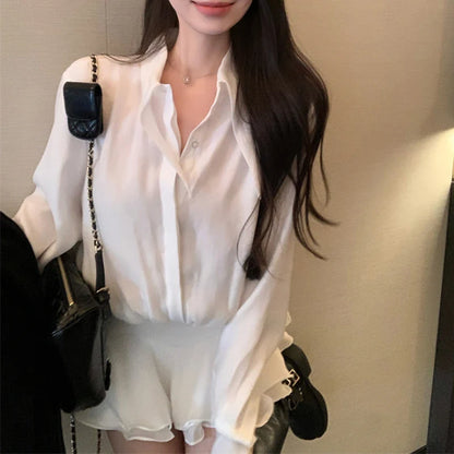 Territory Polo Collar Single-breasted Sexy Slim Long-sleeved Dress Women 2024 Spring New Korean Ruffles Solid Color Casual Mini Dress