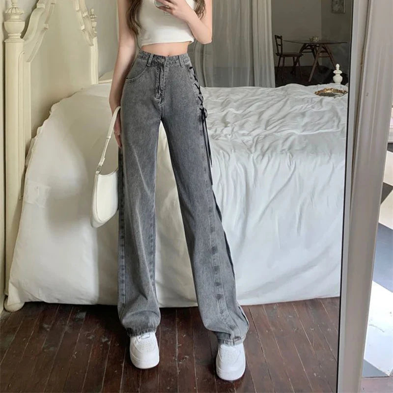 Territory Black Gray Lace Up Design Jeans Women Vintage High Waist Straight Denim Pants Female Autumn Winter New Chic Wide Leg Trousers