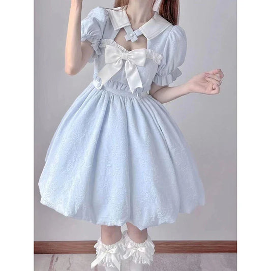 Territory Elegant Puff Sleeve Dresses For Women Summer A-line Blue Kawaii Japanese Lolita Dress Female Fashion Party Dress Woman