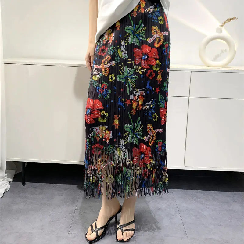 Territory Fashion Vintage Skirts Flower Print Pleated Tassel High Waist Lady Skirt Korean Chic Spring Summer Female Slim Women Clothes