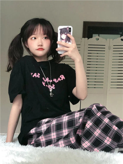 Territory Harajuku Pink Plaid Pants Women Japanese Y2K Cute Checked Trousers Oversized Korean Fashion Basic Wide Leg Sweatpants